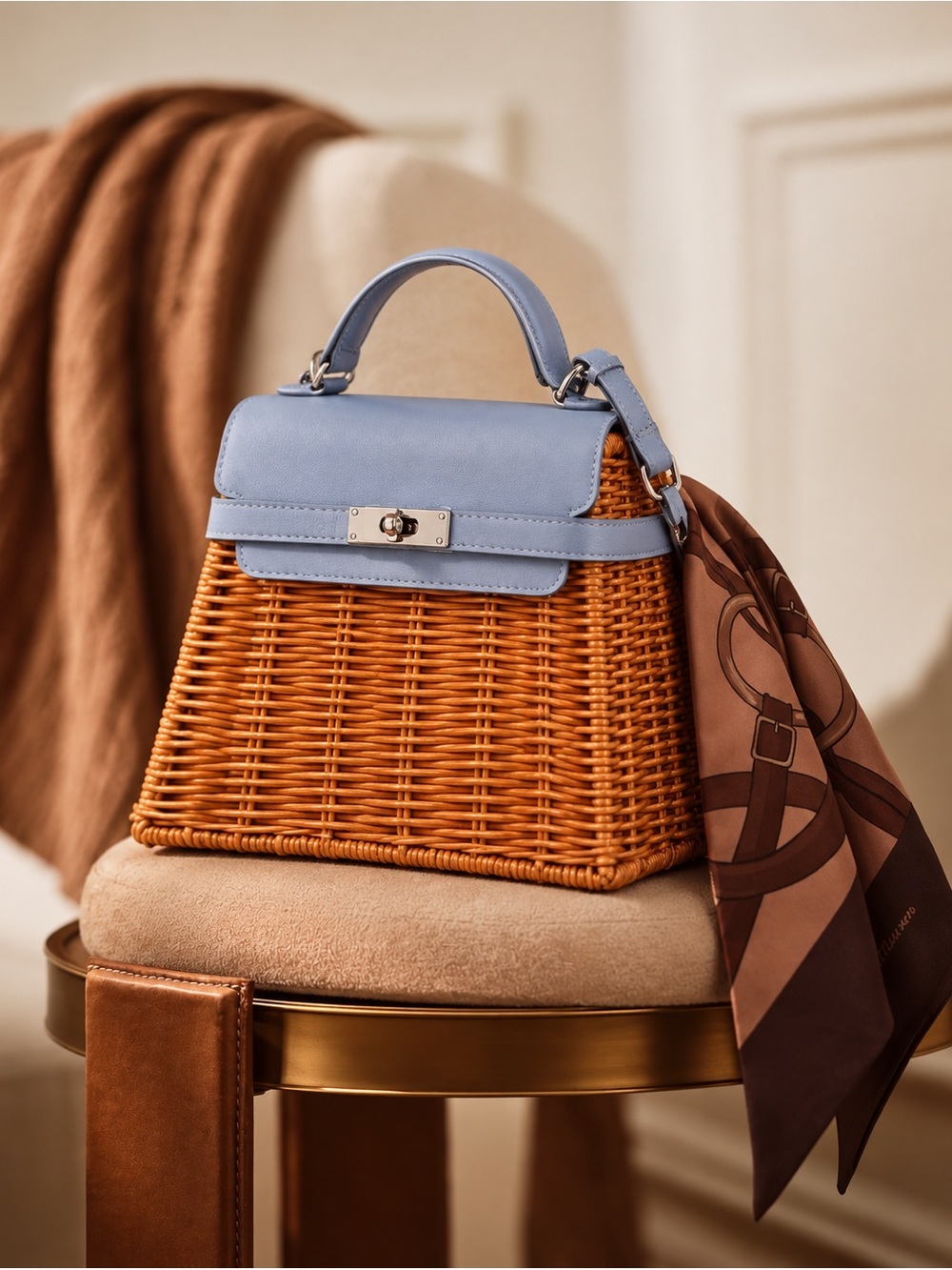 Gianni Bini Sky Blue Leather Trim Wicker Crossbody Bag NWT